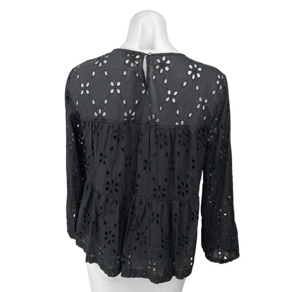 J.Crew Women's Black Embroidered Eyelet Tiered Boho 3/4 Sleeve Blouse Top Size M - Picture 2 of 4